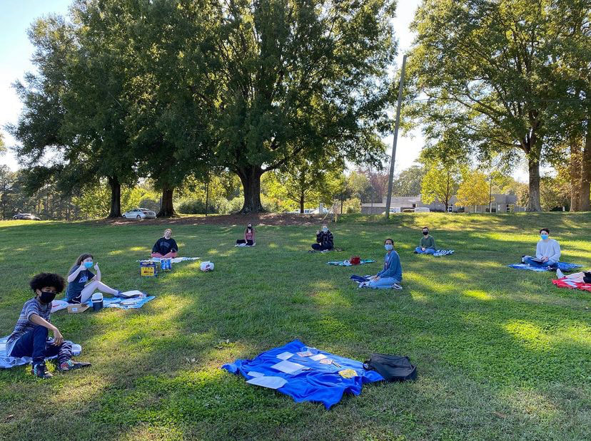 Teen Dems members meeting outdoors on picnic blankets in a park